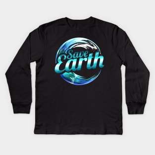 Logo Save Earth With Ocean Wave For Earth Day Kids Long Sleeve T-Shirt